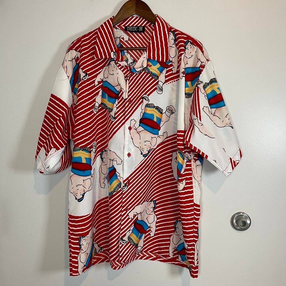 Y2K Check In Sumo Wrestler All over print Red Button-down shirt